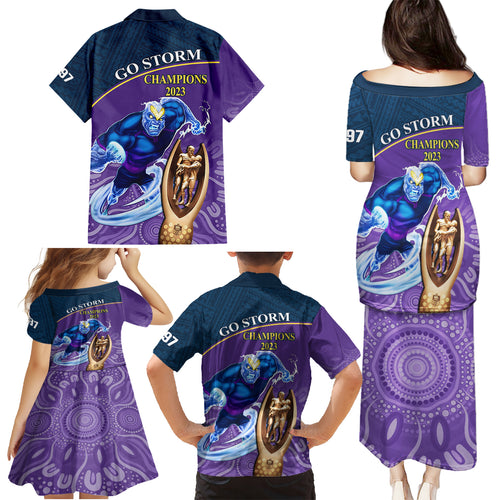 storm-rugby-family-matching-puletasi-dress-and-hawaiian-shirt-go-champions-2023-mascot-with-polynesian-indigenous-art