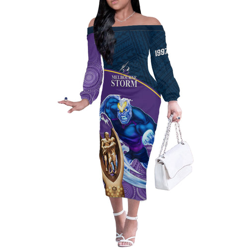 storm-rugby-off-the-shoulder-long-sleeve-dress-go-champions-2023-mascot-with-polynesian-indigenous-art