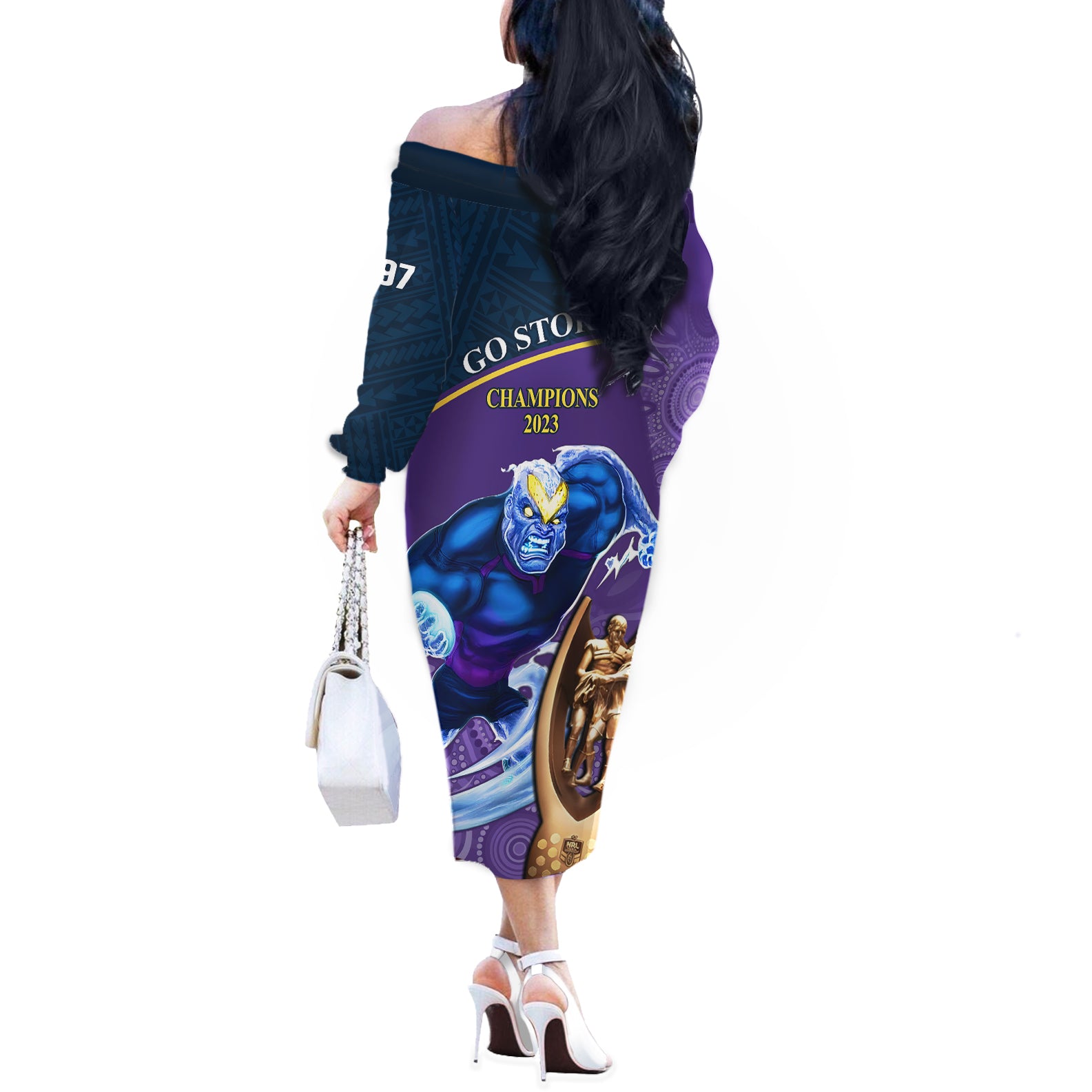 storm-rugby-off-the-shoulder-long-sleeve-dress-go-champions-2023-mascot-with-polynesian-indigenous-art