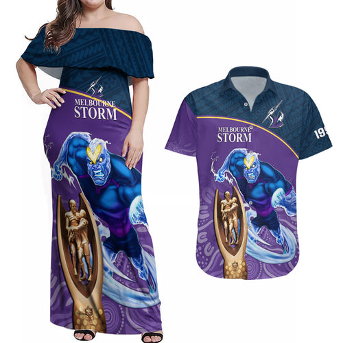 custom-storm-rugby-couples-matching-off-shoulder-maxi-dress-and-hawaiian-shirt-go-champions-2023-mascot-with-polynesian-indigenous-art
