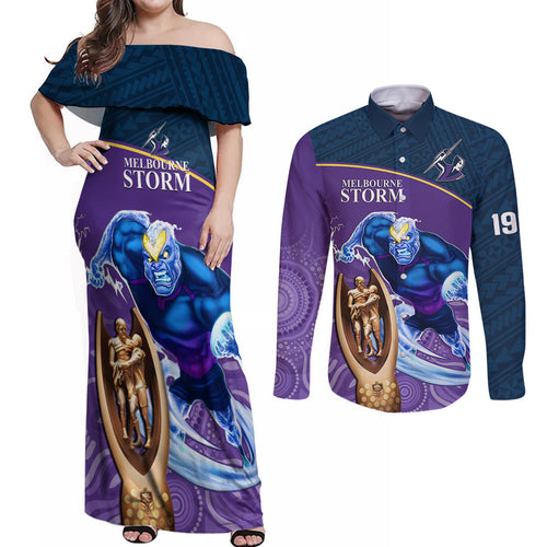 custom-storm-rugby-couples-matching-off-shoulder-maxi-dress-and-long-sleeve-button-shirts-go-champions-2023-mascot-with-polynesian-indigenous-art