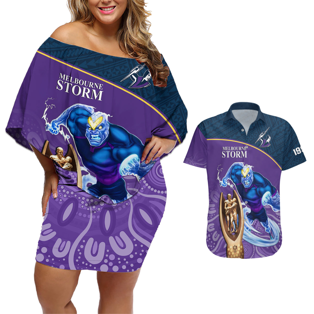 custom-storm-rugby-couples-matching-off-shoulder-short-dress-and-hawaiian-shirt-go-champions-2023-mascot-with-polynesian-indigenous-art