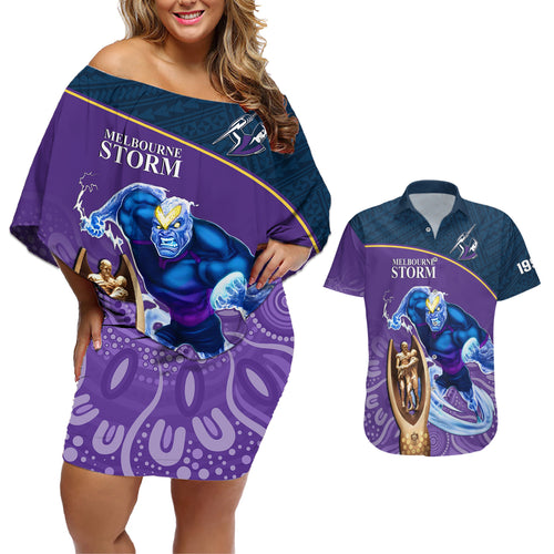 custom-storm-rugby-couples-matching-off-shoulder-short-dress-and-hawaiian-shirt-go-champions-2023-mascot-with-polynesian-indigenous-art
