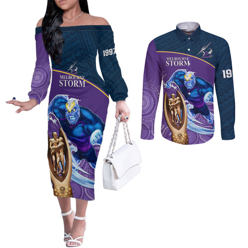custom-storm-rugby-couples-matching-off-the-shoulder-long-sleeve-dress-and-long-sleeve-button-shirts-go-champions-2023-mascot-with-polynesian-indigenous-art