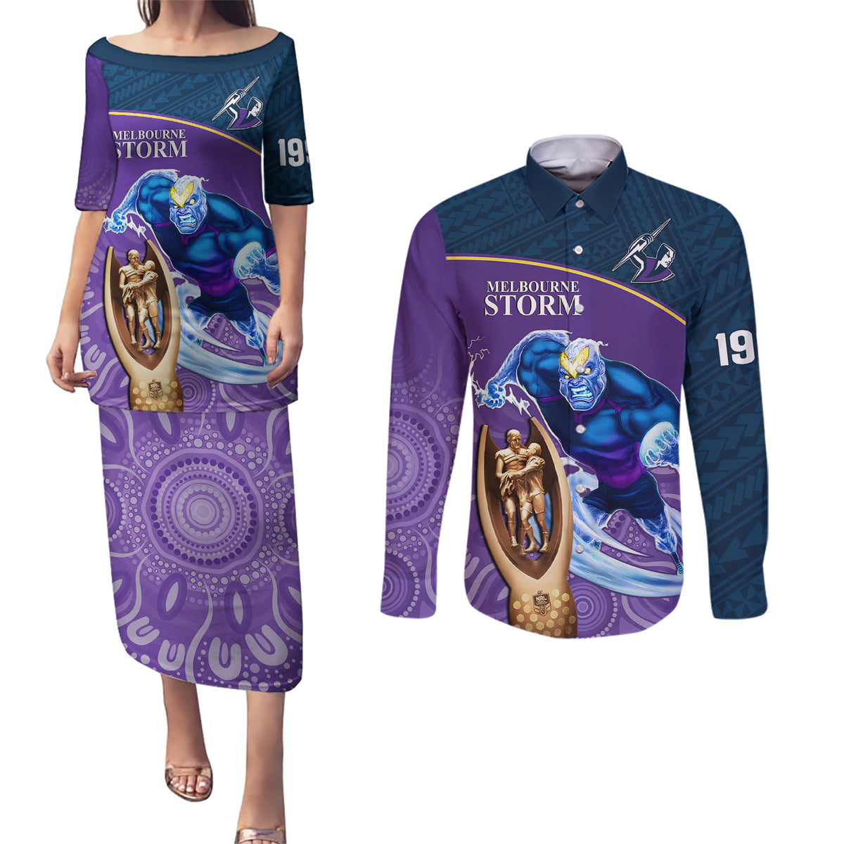 custom-storm-rugby-couples-matching-puletasi-dress-and-long-sleeve-button-shirts-go-champions-2023-mascot-with-polynesian-indigenous-art