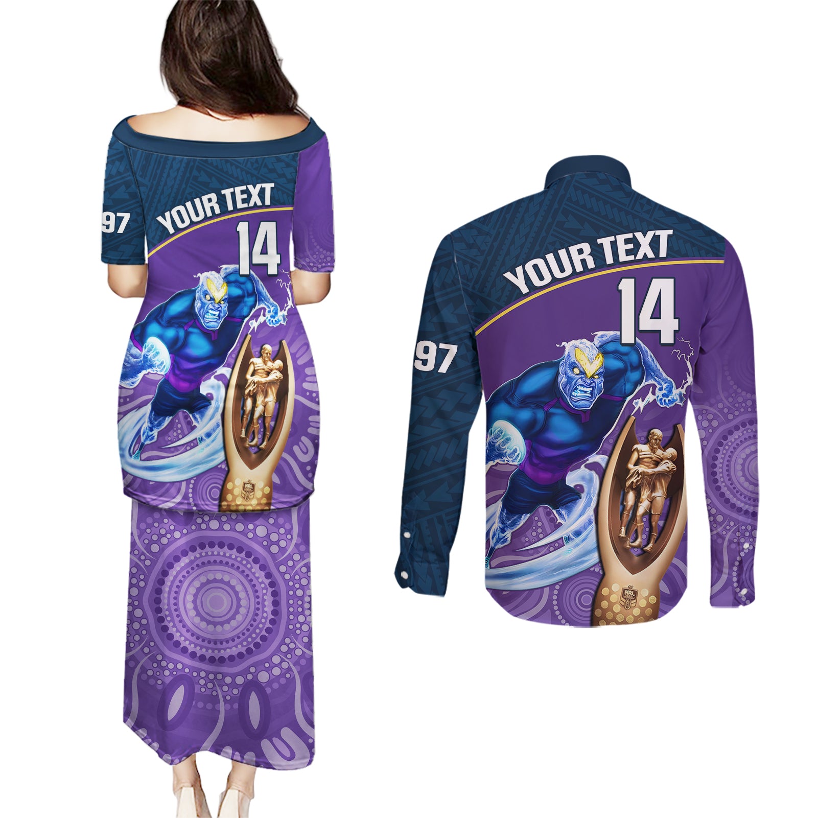 custom-storm-rugby-couples-matching-puletasi-dress-and-long-sleeve-button-shirts-go-champions-2023-mascot-with-polynesian-indigenous-art