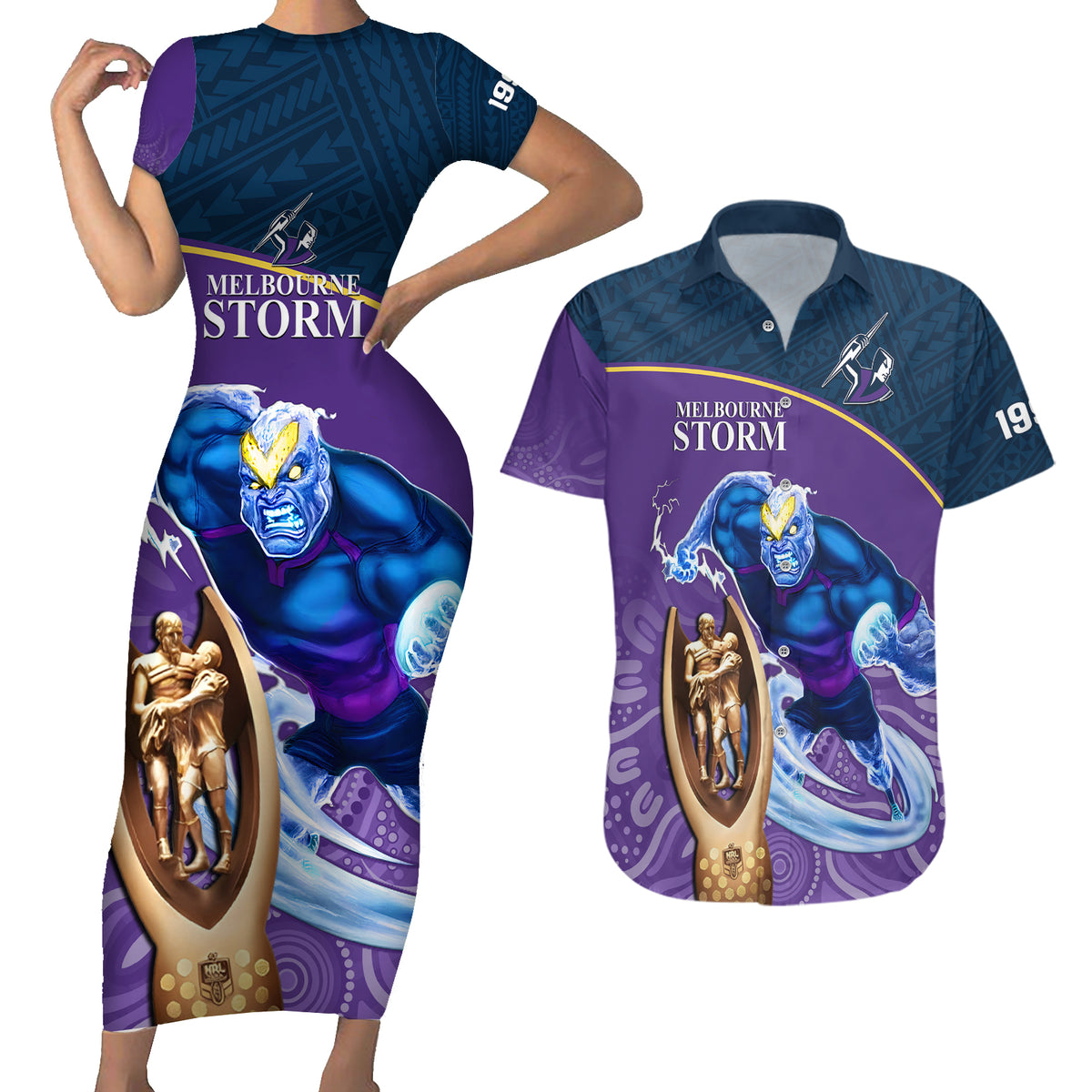 custom-storm-rugby-couples-matching-short-sleeve-bodycon-dress-and-hawaiian-shirt-go-champions-2023-mascot-with-polynesian-indigenous-art