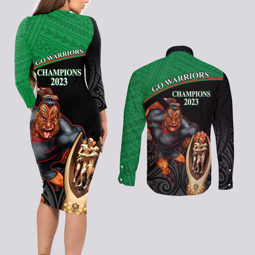 warriors-rugby-couples-matching-long-sleeve-bodycon-dress-and-long-sleeve-button-shirts-go-champions-aotearoa-mascot-with-polynesian-maori-pattern