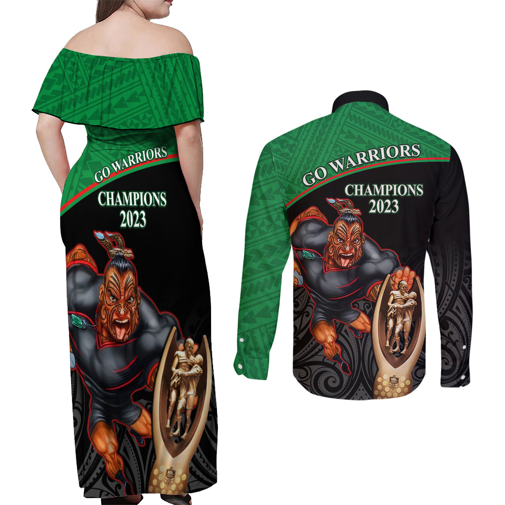 warriors-rugby-couples-matching-off-shoulder-maxi-dress-and-long-sleeve-button-shirts-go-champions-aotearoa-mascot-with-polynesian-maori-pattern