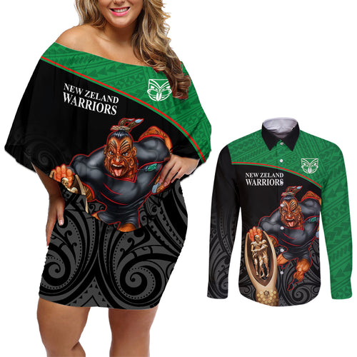 warriors-rugby-couples-matching-off-shoulder-short-dress-and-long-sleeve-button-shirts-go-champions-aotearoa-mascot-with-polynesian-maori-pattern