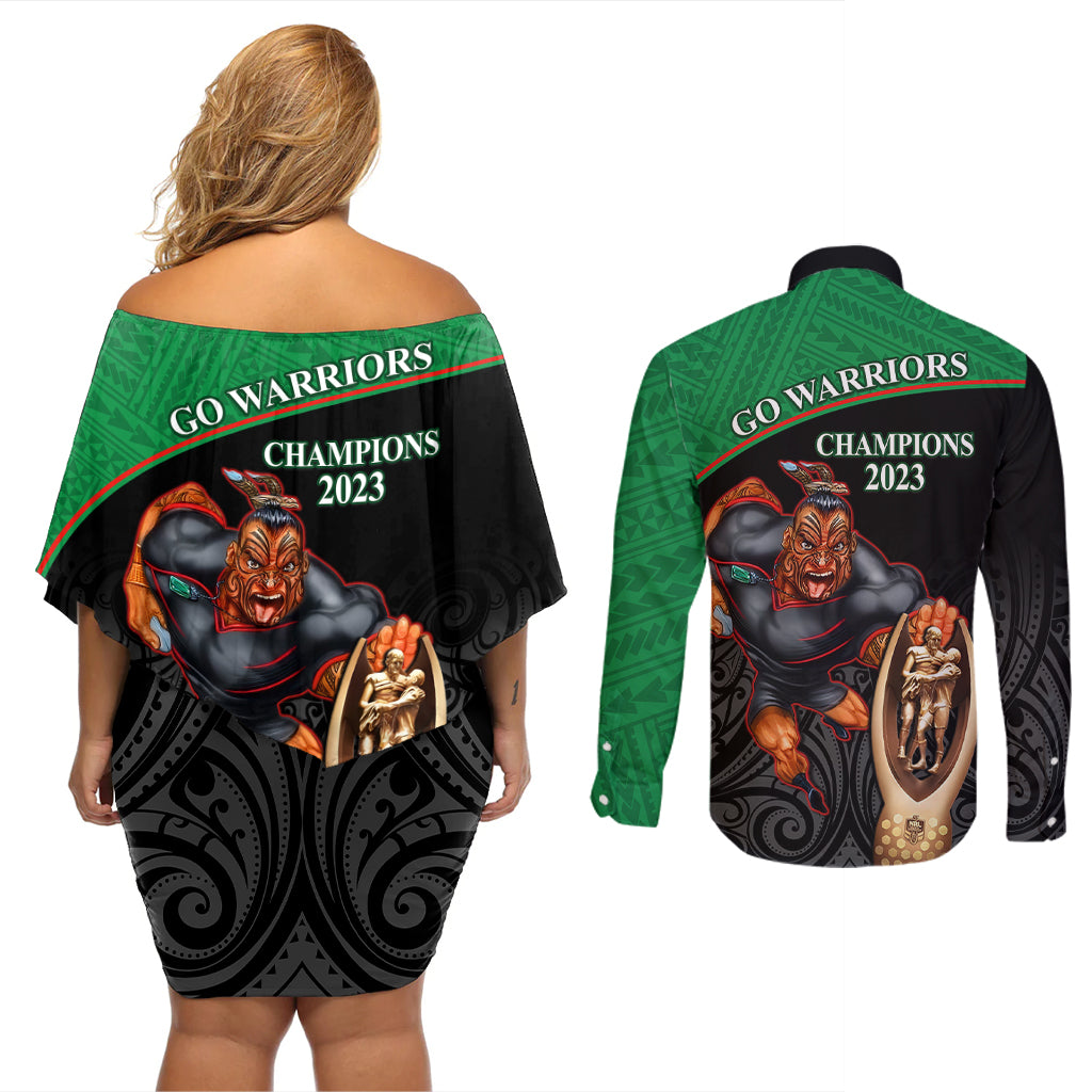 warriors-rugby-couples-matching-off-shoulder-short-dress-and-long-sleeve-button-shirts-go-champions-aotearoa-mascot-with-polynesian-maori-pattern