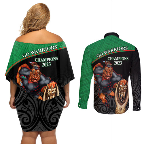 warriors-rugby-couples-matching-off-shoulder-short-dress-and-long-sleeve-button-shirts-go-champions-aotearoa-mascot-with-polynesian-maori-pattern