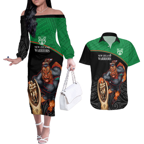 warriors-rugby-couples-matching-off-the-shoulder-long-sleeve-dress-and-hawaiian-shirt-go-champions-aotearoa-mascot-with-polynesian-maori-pattern
