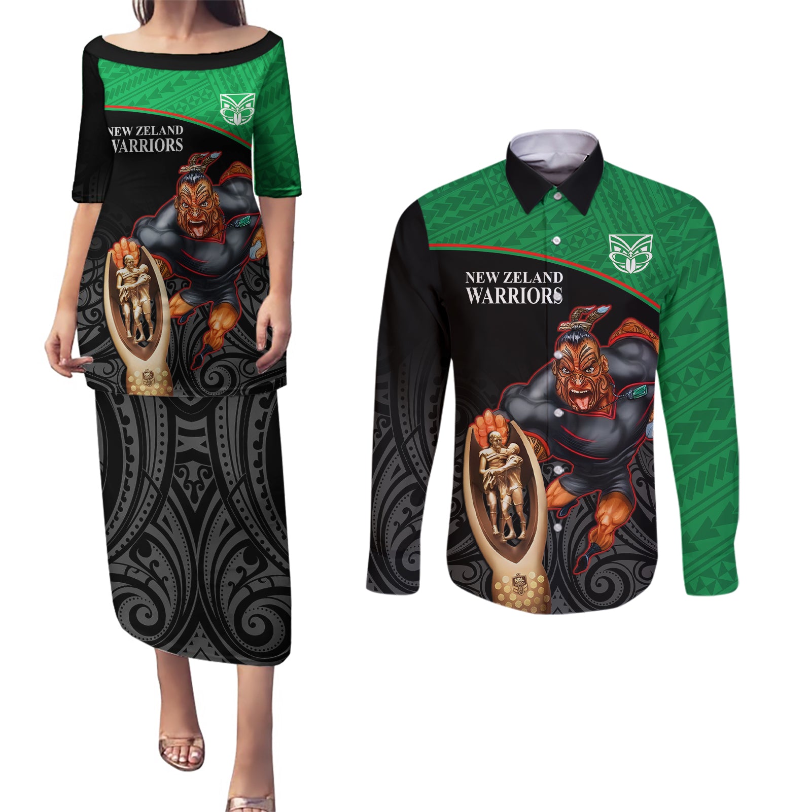 warriors-rugby-couples-matching-puletasi-dress-and-long-sleeve-button-shirts-go-champions-aotearoa-mascot-with-polynesian-maori-pattern