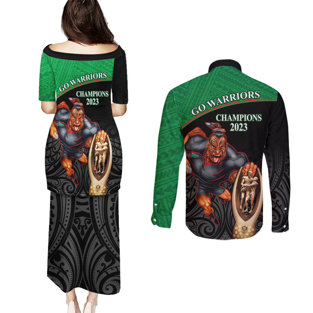 warriors-rugby-couples-matching-puletasi-dress-and-long-sleeve-button-shirts-go-champions-aotearoa-mascot-with-polynesian-maori-pattern