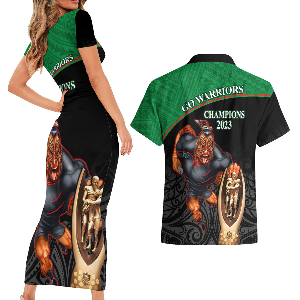 warriors-rugby-couples-matching-short-sleeve-bodycon-dress-and-hawaiian-shirt-go-champions-aotearoa-mascot-with-polynesian-maori-pattern