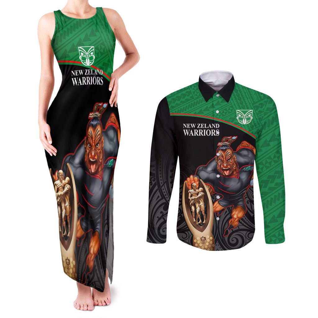 warriors-rugby-couples-matching-tank-maxi-dress-and-long-sleeve-button-shirts-go-champions-aotearoa-mascot-with-polynesian-maori-pattern