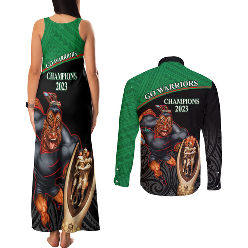 warriors-rugby-couples-matching-tank-maxi-dress-and-long-sleeve-button-shirts-go-champions-aotearoa-mascot-with-polynesian-maori-pattern