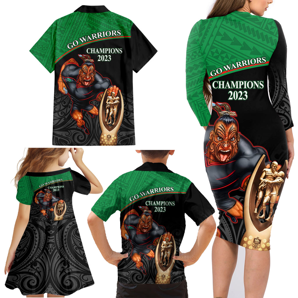 warriors-rugby-family-matching-long-sleeve-bodycon-dress-and-hawaiian-shirt-go-champions-aotearoa-mascot-with-polynesian-maori-pattern