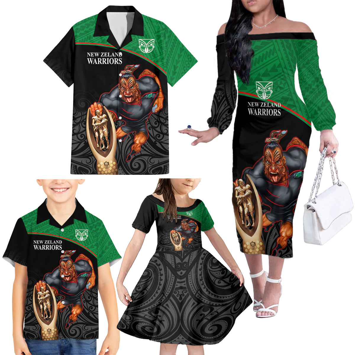 warriors-rugby-family-matching-off-shoulder-long-sleeve-dress-and-hawaiian-shirt-go-champions-aotearoa-mascot-with-polynesian-maori-pattern