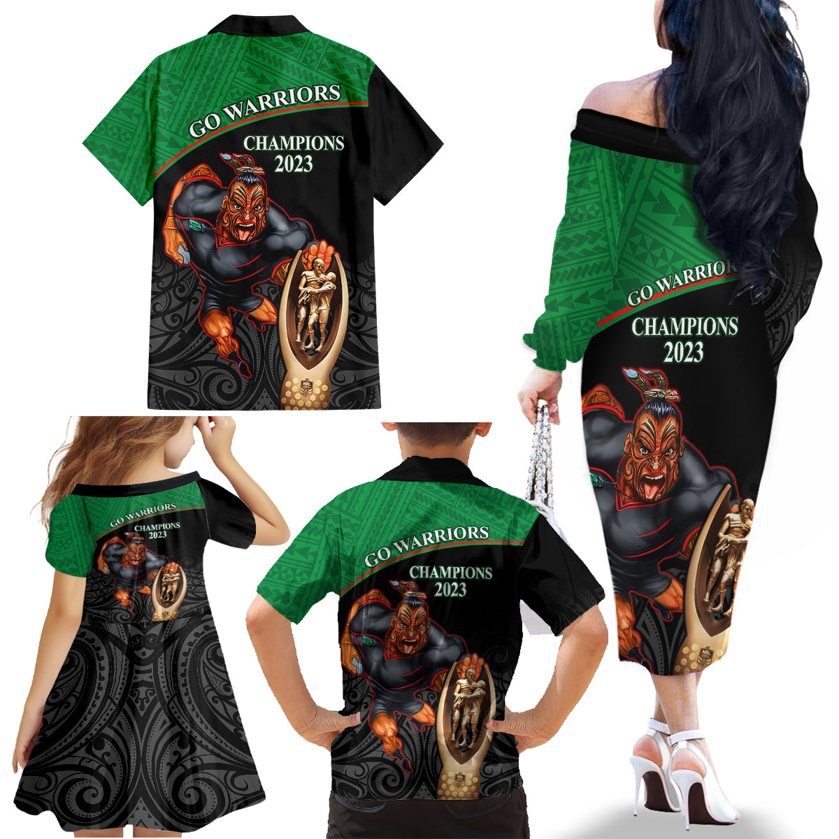 warriors-rugby-family-matching-off-shoulder-long-sleeve-dress-and-hawaiian-shirt-go-champions-aotearoa-mascot-with-polynesian-maori-pattern