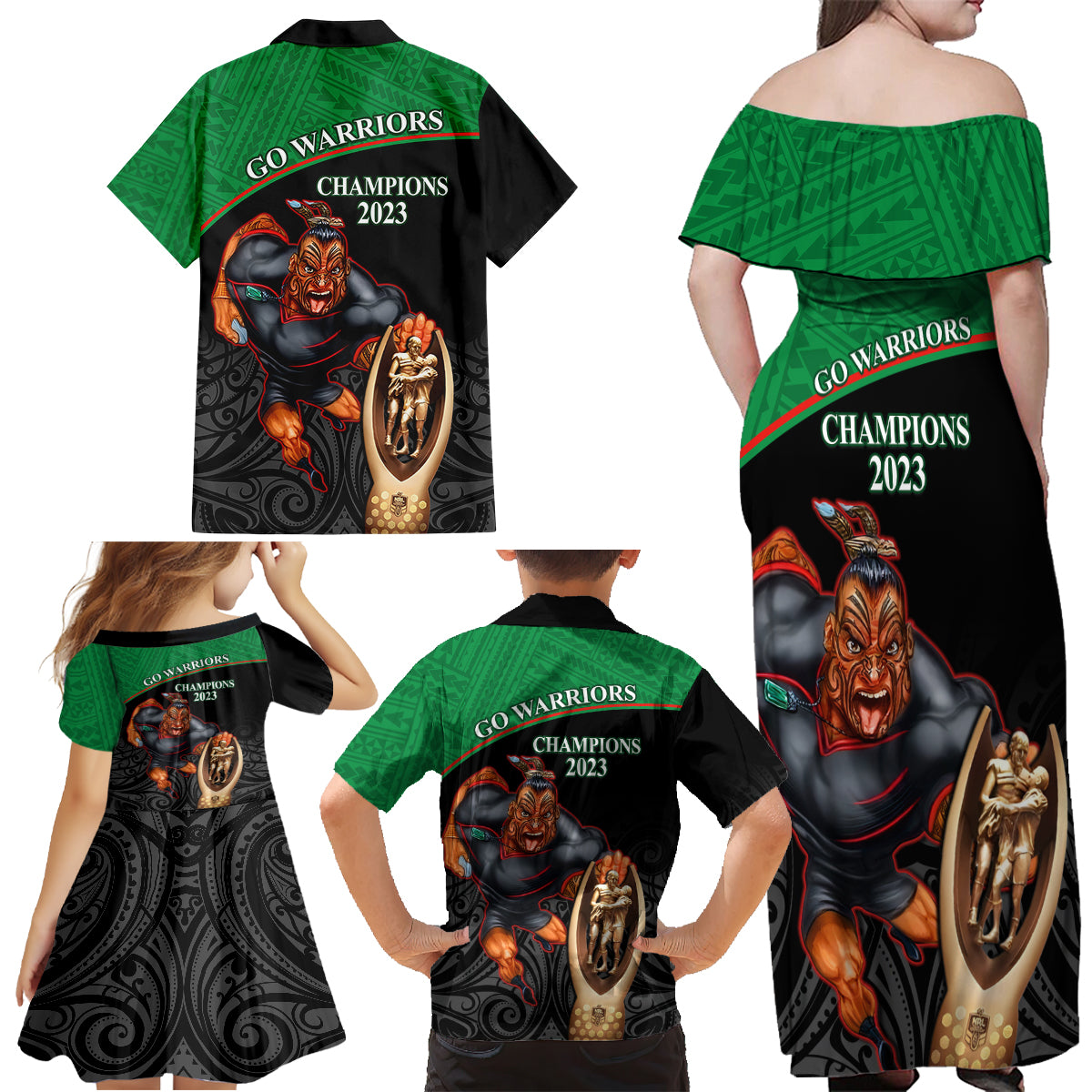 warriors-rugby-family-matching-off-shoulder-maxi-dress-and-hawaiian-shirt-go-champions-aotearoa-mascot-with-polynesian-maori-pattern
