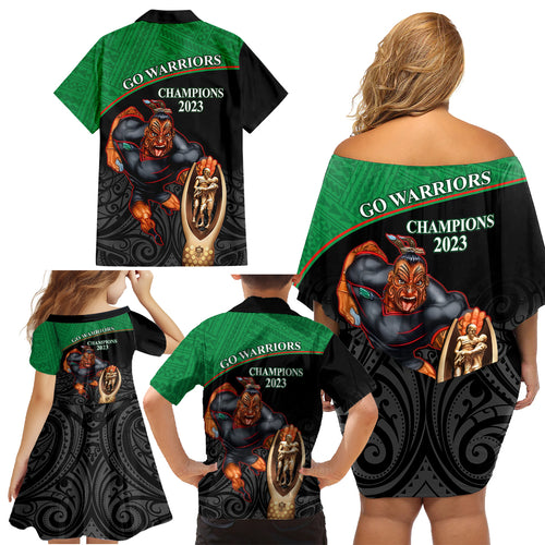warriors-rugby-family-matching-off-shoulder-short-dress-and-hawaiian-shirt-go-champions-aotearoa-mascot-with-polynesian-maori-pattern