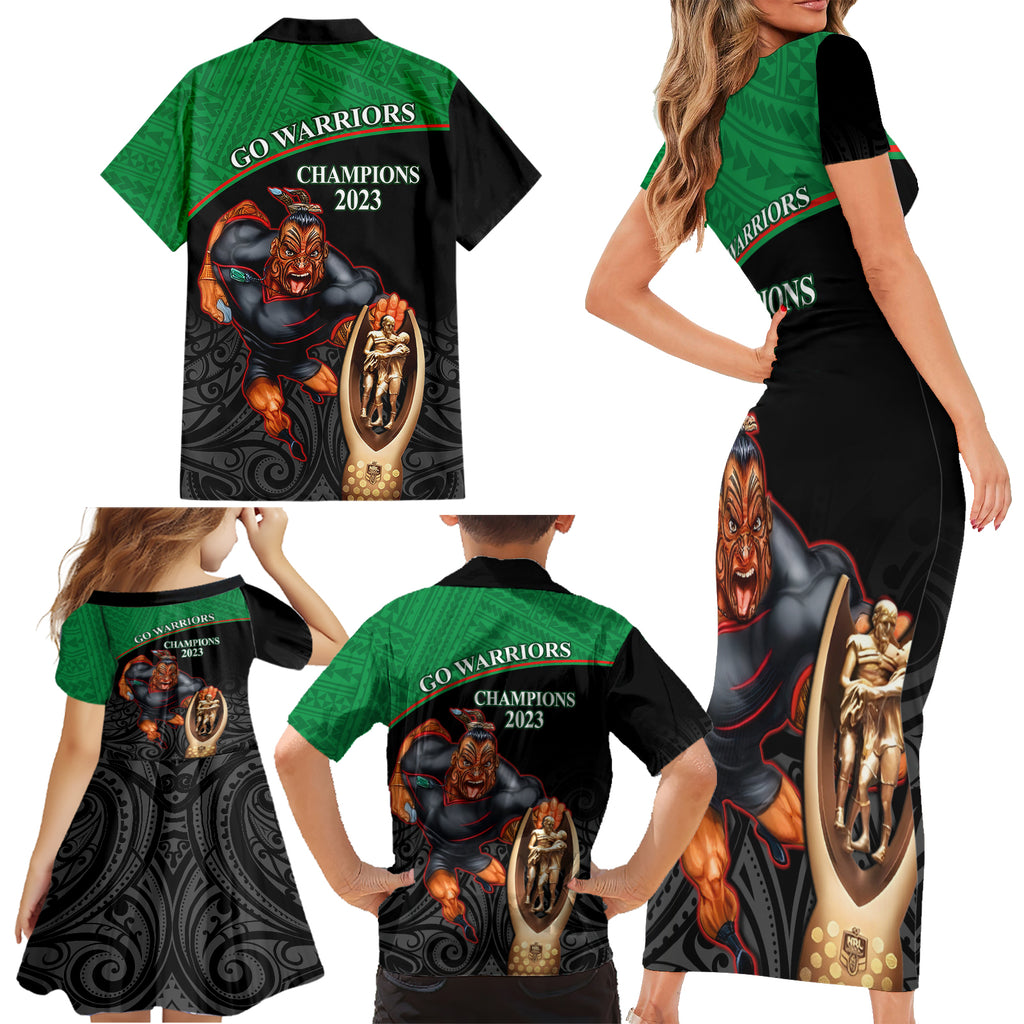 warriors-rugby-family-matching-short-sleeve-bodycon-dress-and-hawaiian-shirt-go-champions-aotearoa-mascot-with-polynesian-maori-pattern