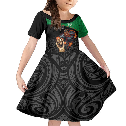warriors-rugby-kid-short-sleeve-dress-go-champions-aotearoa-mascot-with-polynesian-maori-pattern