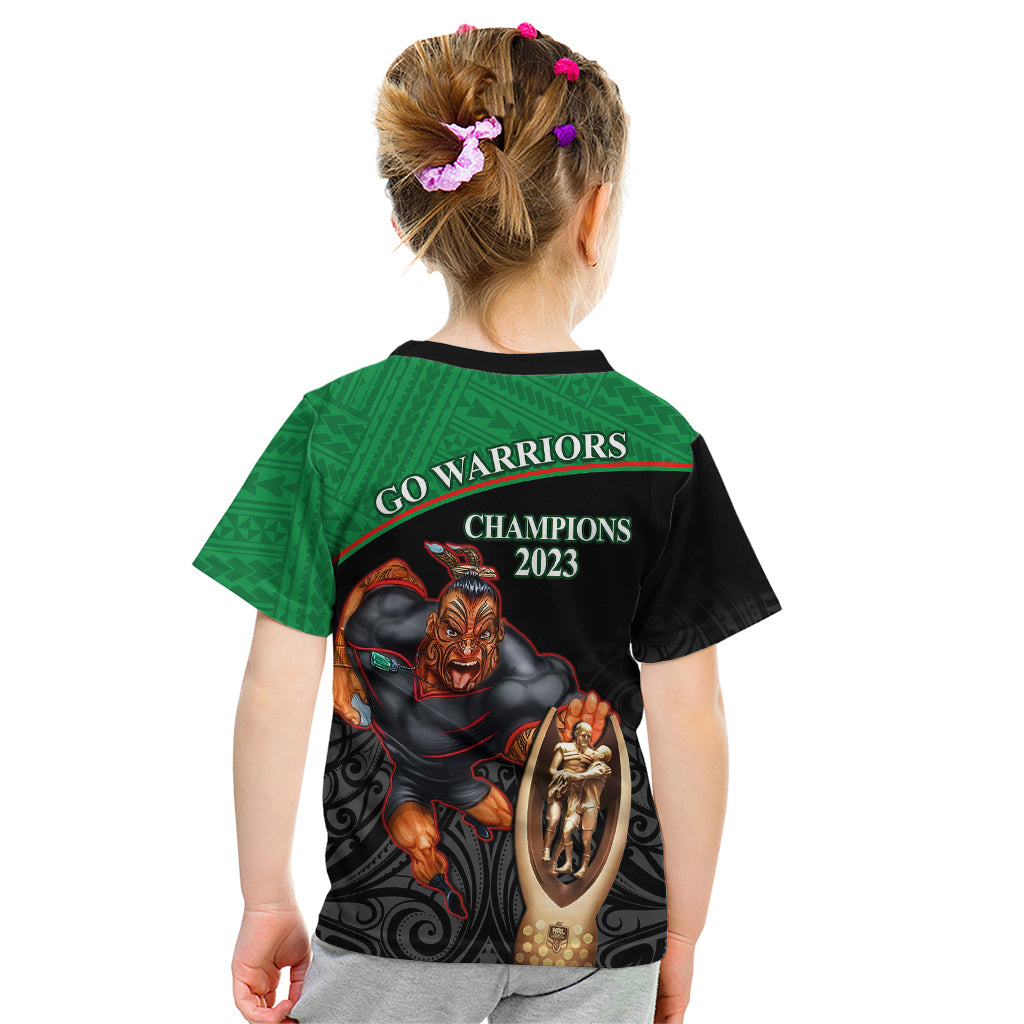 warriors-rugby-kid-t-shirt-go-champions-aotearoa-mascot-with-polynesian-maori-pattern