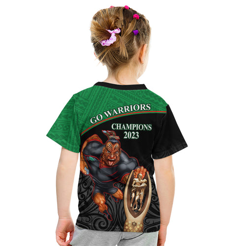 warriors-rugby-kid-t-shirt-go-champions-aotearoa-mascot-with-polynesian-maori-pattern