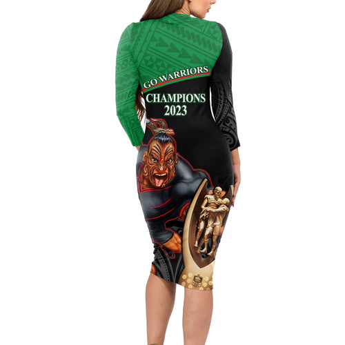 warriors-rugby-long-sleeve-bodycon-dress-go-champions-aotearoa-mascot-with-polynesian-maori-pattern