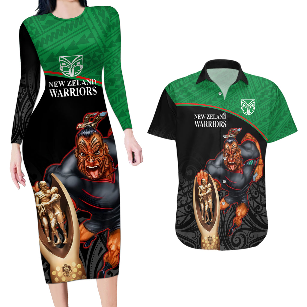 custom-warriors-rugby-couples-matching-long-sleeve-bodycon-dress-and-hawaiian-shirt-go-champions-aotearoa-mascot-with-polynesian-maori-pattern