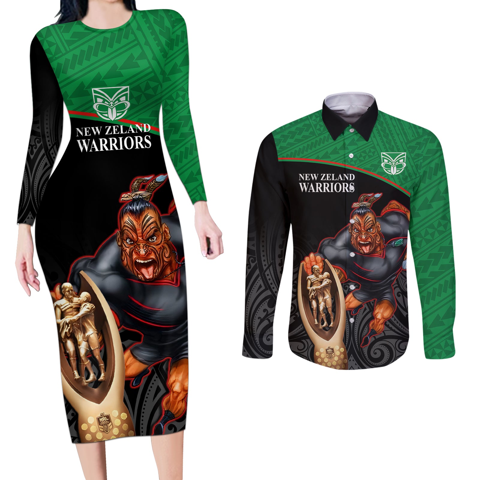 custom-warriors-rugby-couples-matching-long-sleeve-bodycon-dress-and-long-sleeve-button-shirts-go-champions-aotearoa-mascot-with-polynesian-maori-pattern