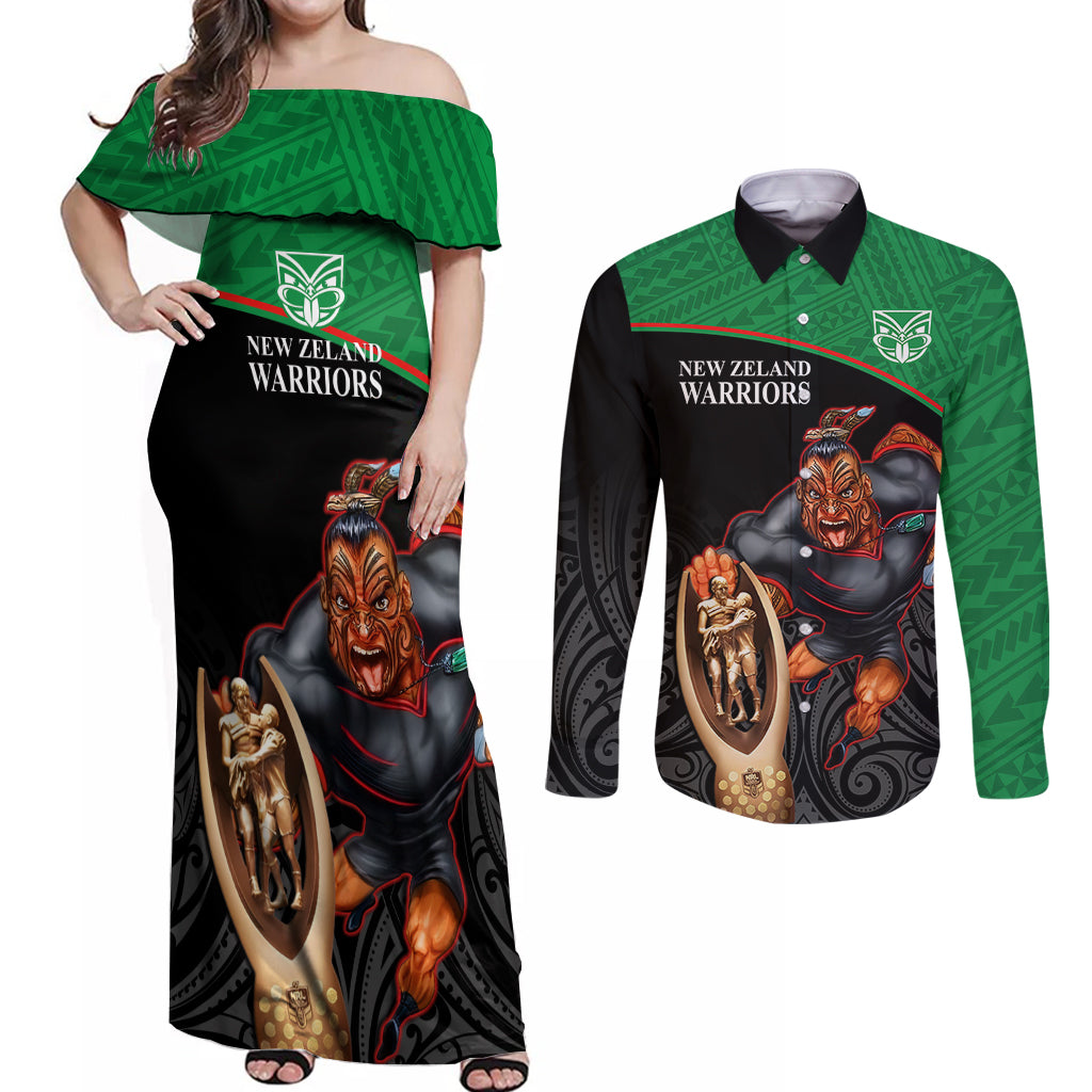 custom-warriors-rugby-couples-matching-off-shoulder-maxi-dress-and-long-sleeve-button-shirts-go-champions-aotearoa-mascot-with-polynesian-maori-pattern