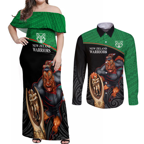 custom-warriors-rugby-couples-matching-off-shoulder-maxi-dress-and-long-sleeve-button-shirts-go-champions-aotearoa-mascot-with-polynesian-maori-pattern