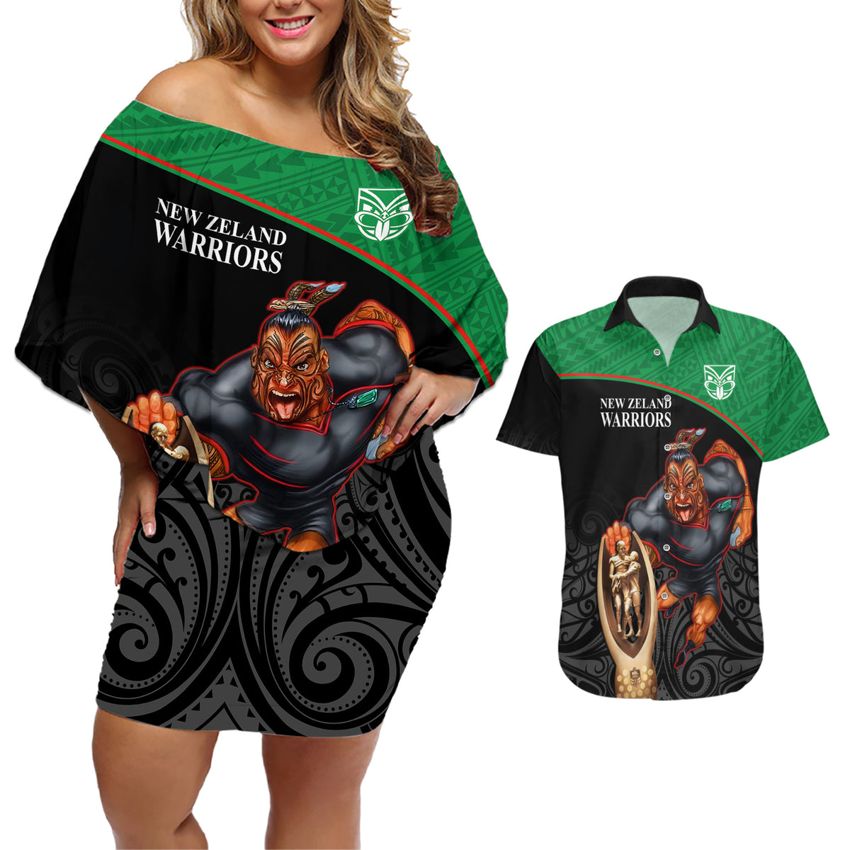 custom-warriors-rugby-couples-matching-off-shoulder-short-dress-and-hawaiian-shirt-go-champions-aotearoa-mascot-with-polynesian-maori-pattern