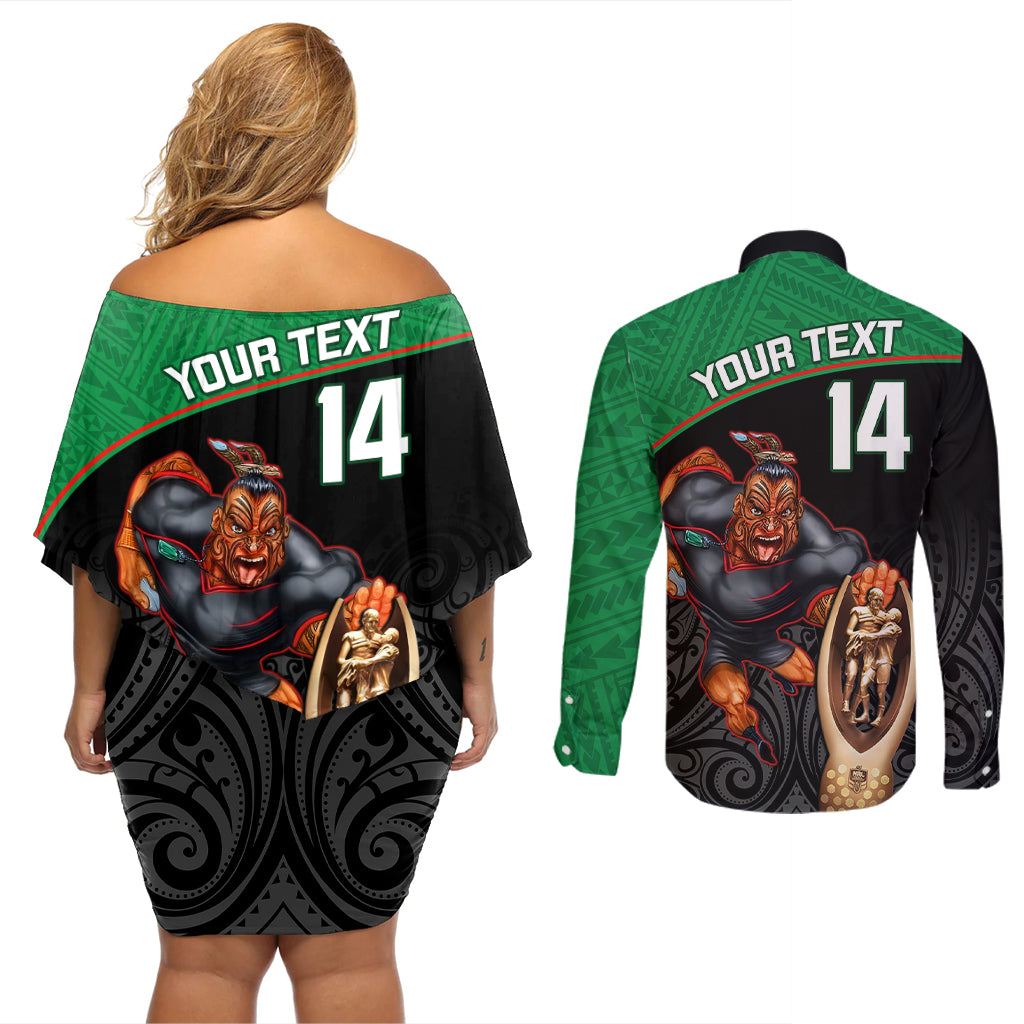 custom-warriors-rugby-couples-matching-off-shoulder-short-dress-and-long-sleeve-button-shirts-go-champions-aotearoa-mascot-with-polynesian-maori-pattern