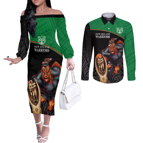 custom-warriors-rugby-couples-matching-off-the-shoulder-long-sleeve-dress-and-long-sleeve-button-shirts-go-champions-aotearoa-mascot-with-polynesian-maori-pattern