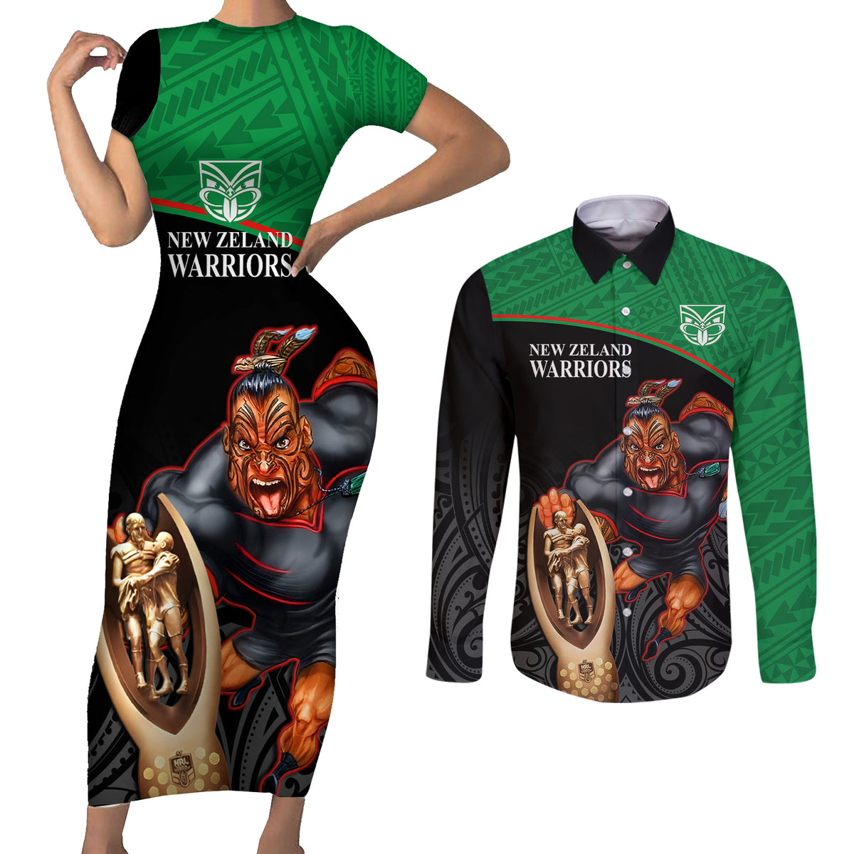 custom-warriors-rugby-couples-matching-short-sleeve-bodycon-dress-and-long-sleeve-button-shirts-go-champions-aotearoa-mascot-with-polynesian-maori-pattern
