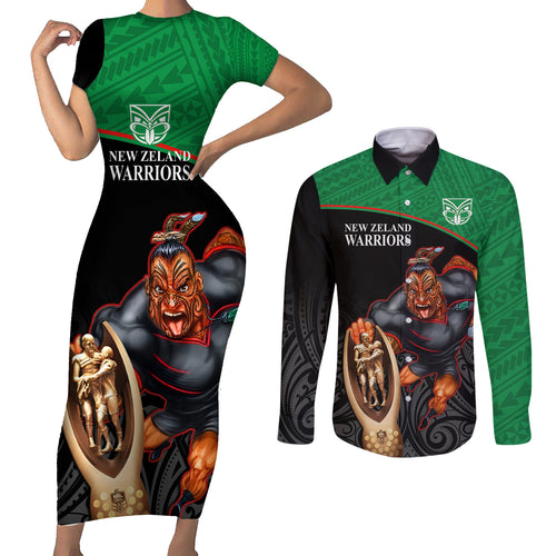 custom-warriors-rugby-couples-matching-short-sleeve-bodycon-dress-and-long-sleeve-button-shirts-go-champions-aotearoa-mascot-with-polynesian-maori-pattern