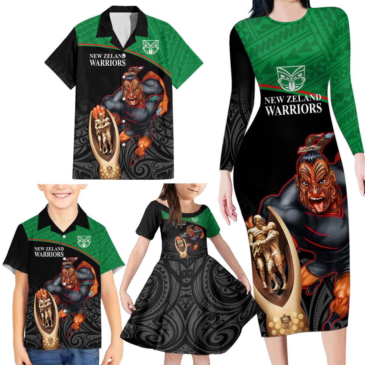 custom-warriors-rugby-family-matching-long-sleeve-bodycon-dress-and-hawaiian-shirt-go-champions-aotearoa-mascot-with-polynesian-maori-pattern