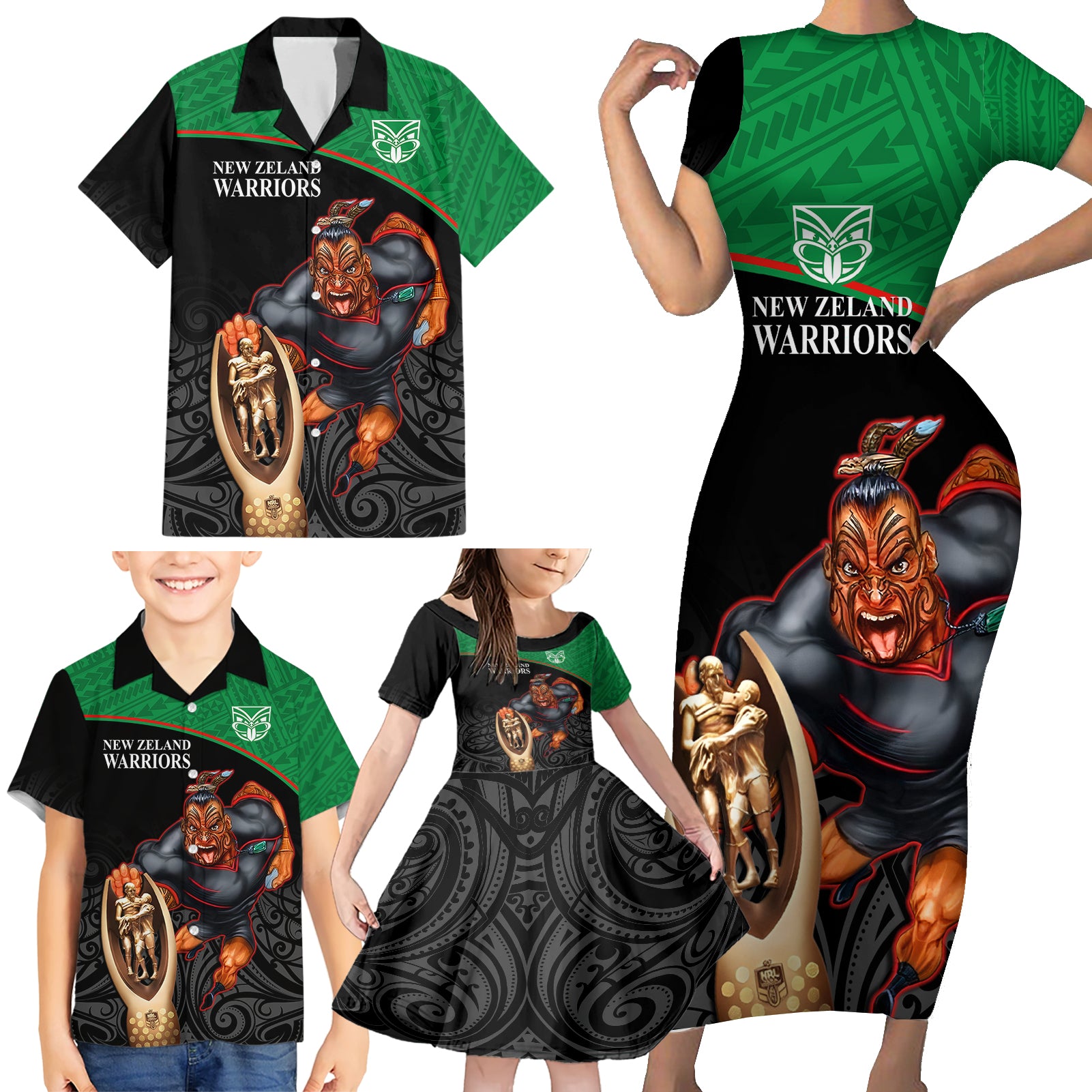 custom-warriors-rugby-family-matching-short-sleeve-bodycon-dress-and-hawaiian-shirt-go-champions-aotearoa-mascot-with-polynesian-maori-pattern