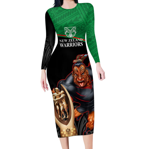 custom-warriors-rugby-long-sleeve-bodycon-dress-go-champions-aotearoa-mascot-with-polynesian-maori-pattern