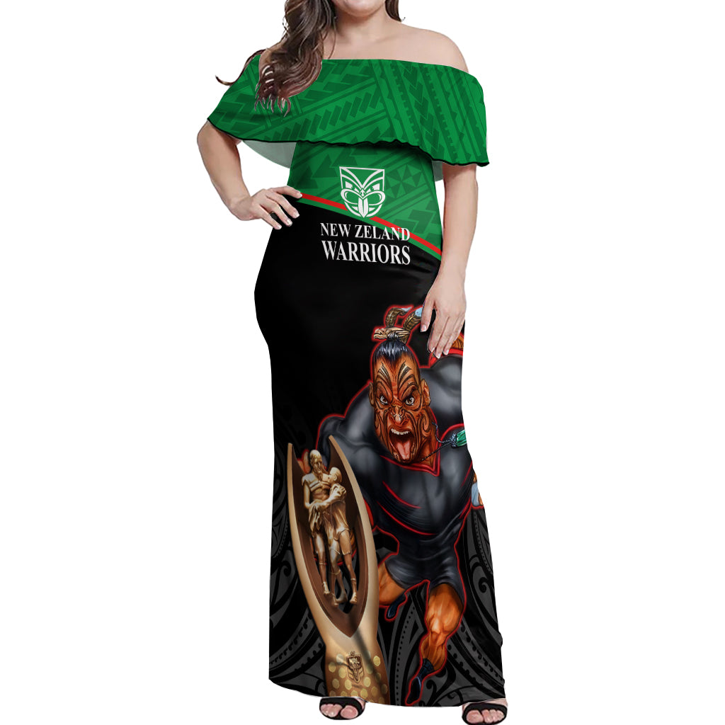 custom-warriors-rugby-off-shoulder-maxi-dress-go-champions-aotearoa-mascot-with-polynesian-maori-pattern
