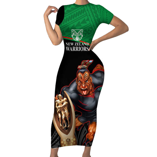 custom-warriors-rugby-short-sleeve-bodycon-dress-go-champions-aotearoa-mascot-with-polynesian-maori-pattern