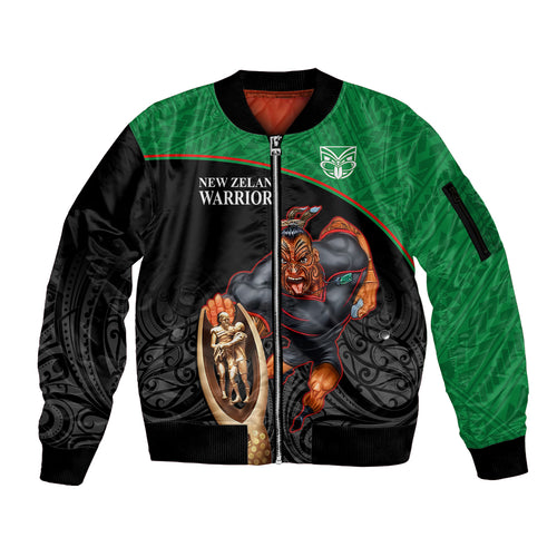 custom-warriors-rugby-sleeve-zip-bomber-jacket-go-champions-aotearoa-mascot-with-polynesian-maori-pattern