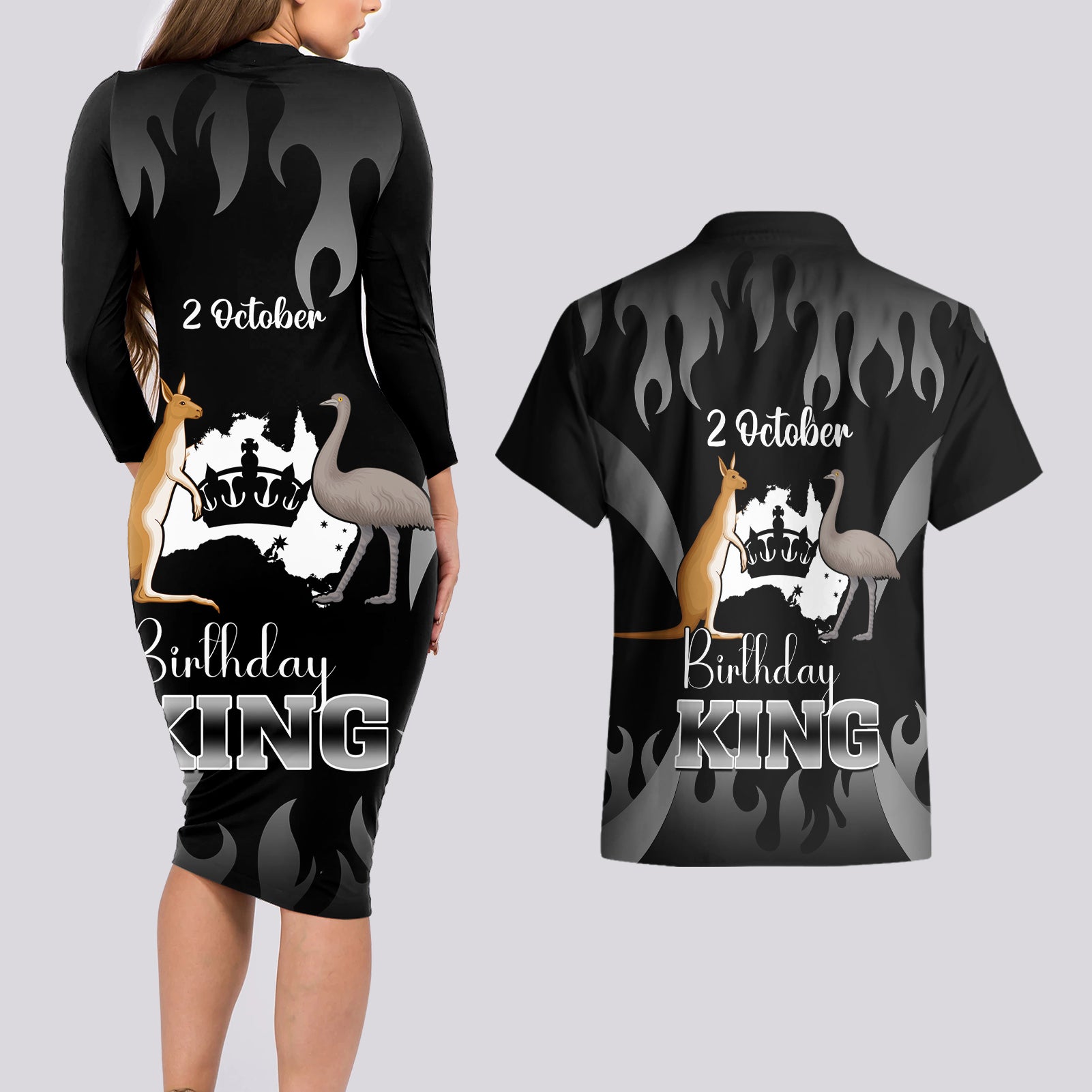 australia-king-birthday-couples-matching-long-sleeve-bodycon-dress-and-hawaiian-shirt-australian-map-with-crown-black-version
