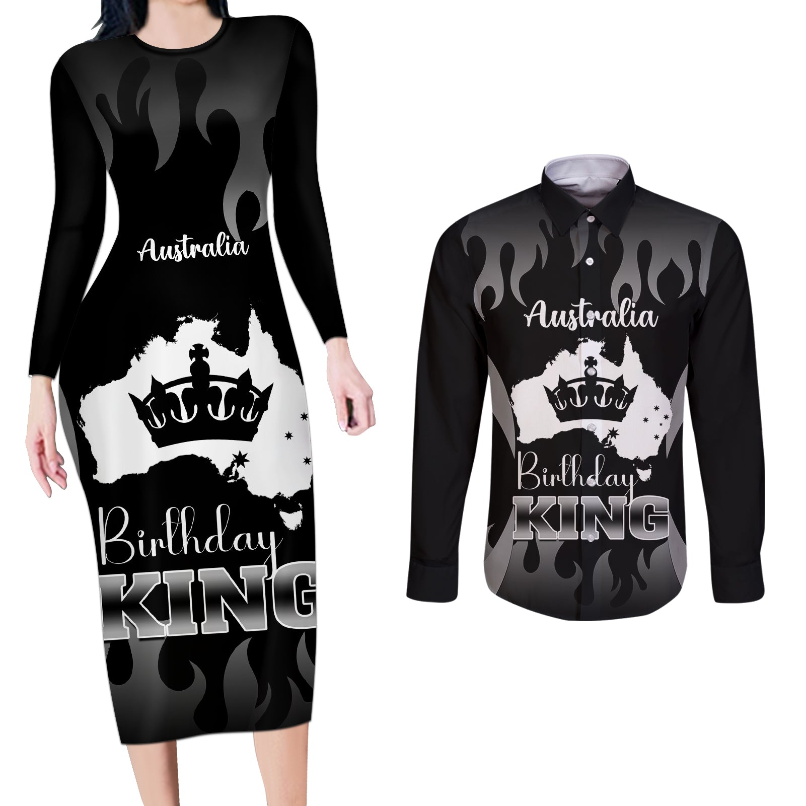 australia-king-birthday-couples-matching-long-sleeve-bodycon-dress-and-long-sleeve-button-shirts-australian-map-with-crown-black-version