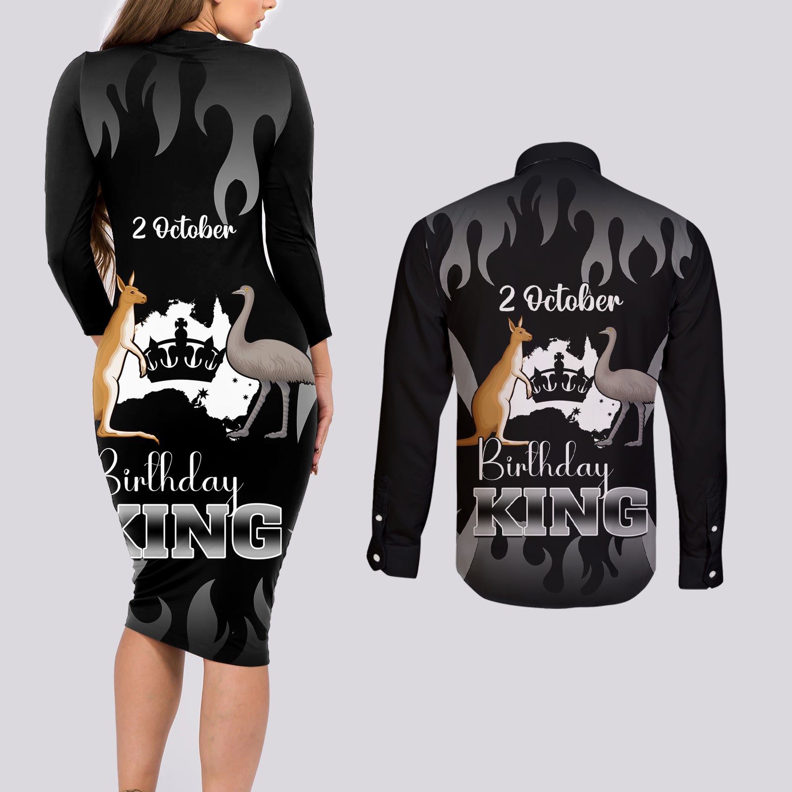 australia-king-birthday-couples-matching-long-sleeve-bodycon-dress-and-long-sleeve-button-shirts-australian-map-with-crown-black-version